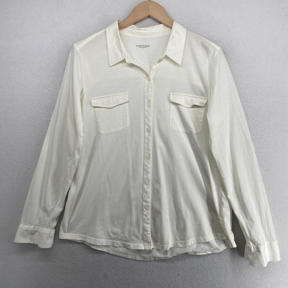 EILEEN FISHER Top L Organic Cotton Jersey Shirt Button Up Roll Tab Sleeve White